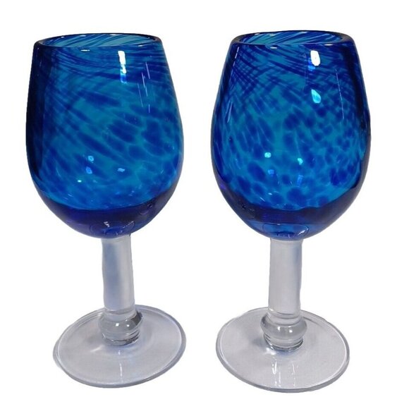 Handblown Thick Art Glass Cobalt Blue Confetti Wine Water Goblets Set of 2 8.5" - Picture 2 of 6